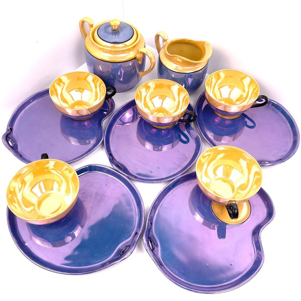 Vintage 5Place TeaSet Art Deco Blue &amp; Mustarg Glaze Czechoslovakia and Japan